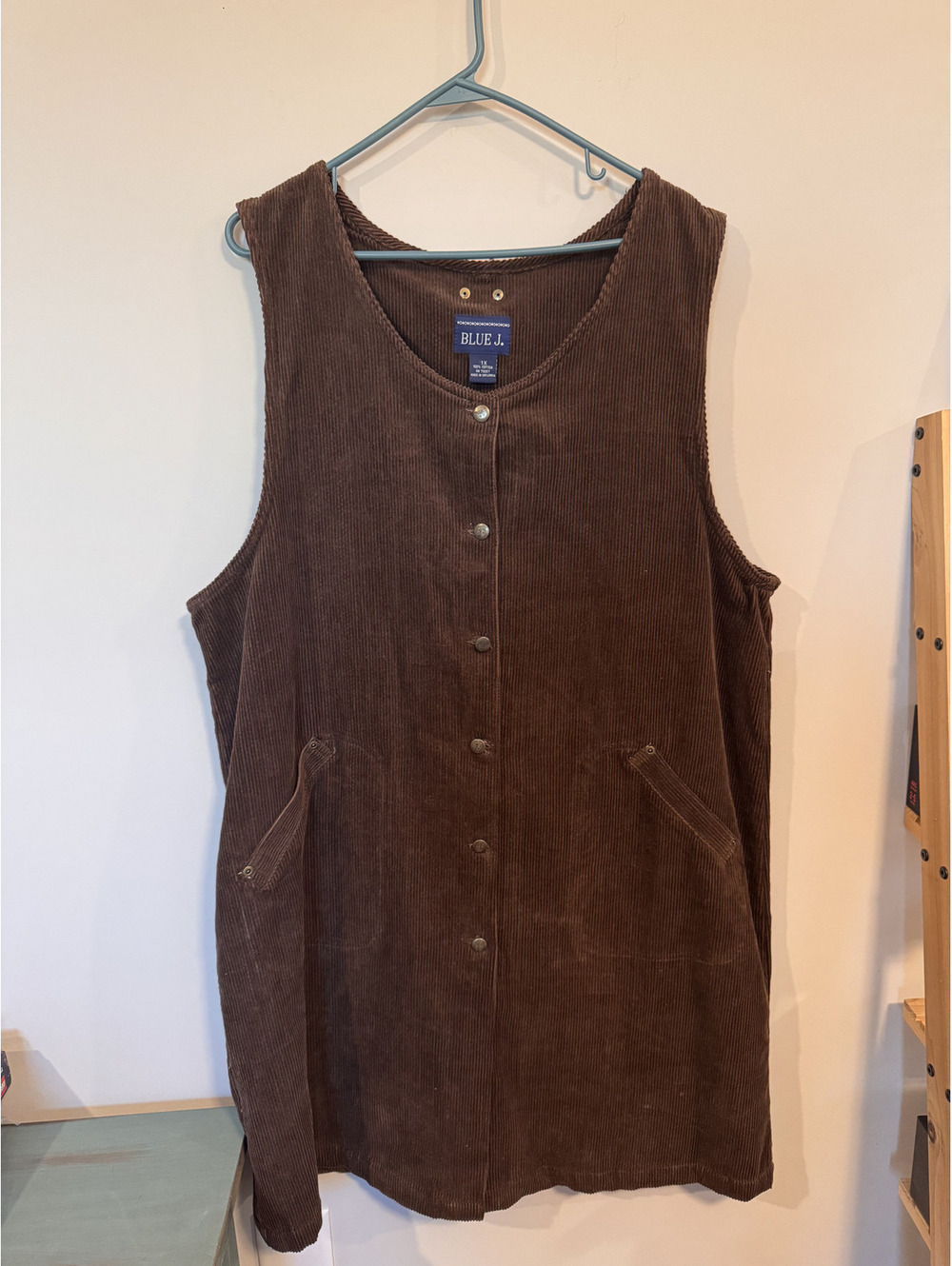 Vintage 90s Blue J Brown Corduroy Jumper Dress Sleeveless Snap Front Pockets 1x